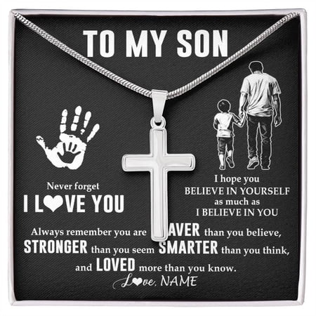 To My Son From Dad Father Never Forget I Love You Son Birthday New Year Graduation Box Message Card, Multi Cross Necklace