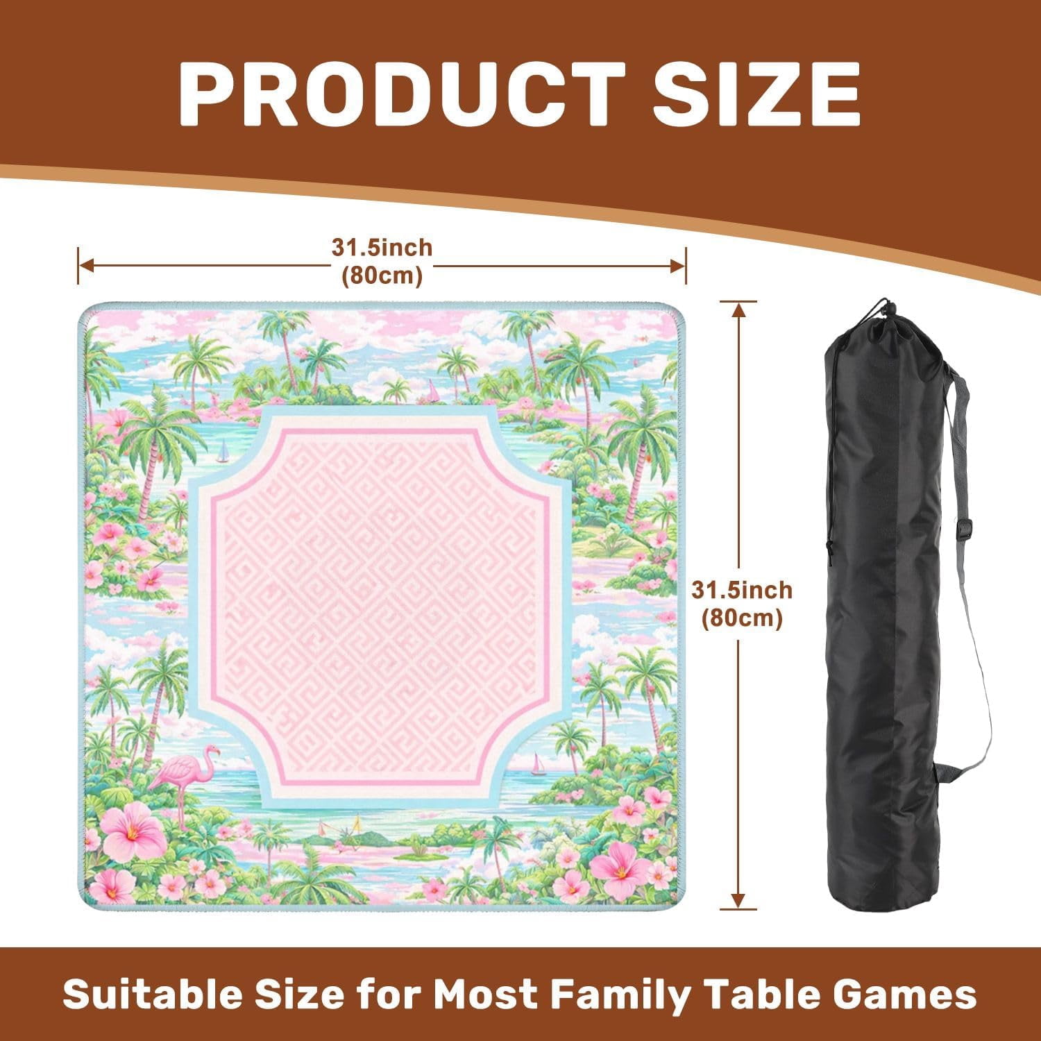 Mahjong Mat with Carrying Bag 31.5" x 31.5" Non-Slip Noise Reduction Tropical Palm Beach Frame Hibiscus Flowers Pastel Coastal Table Mat for Mahjong Poker Dominoes Card Board Tile Games