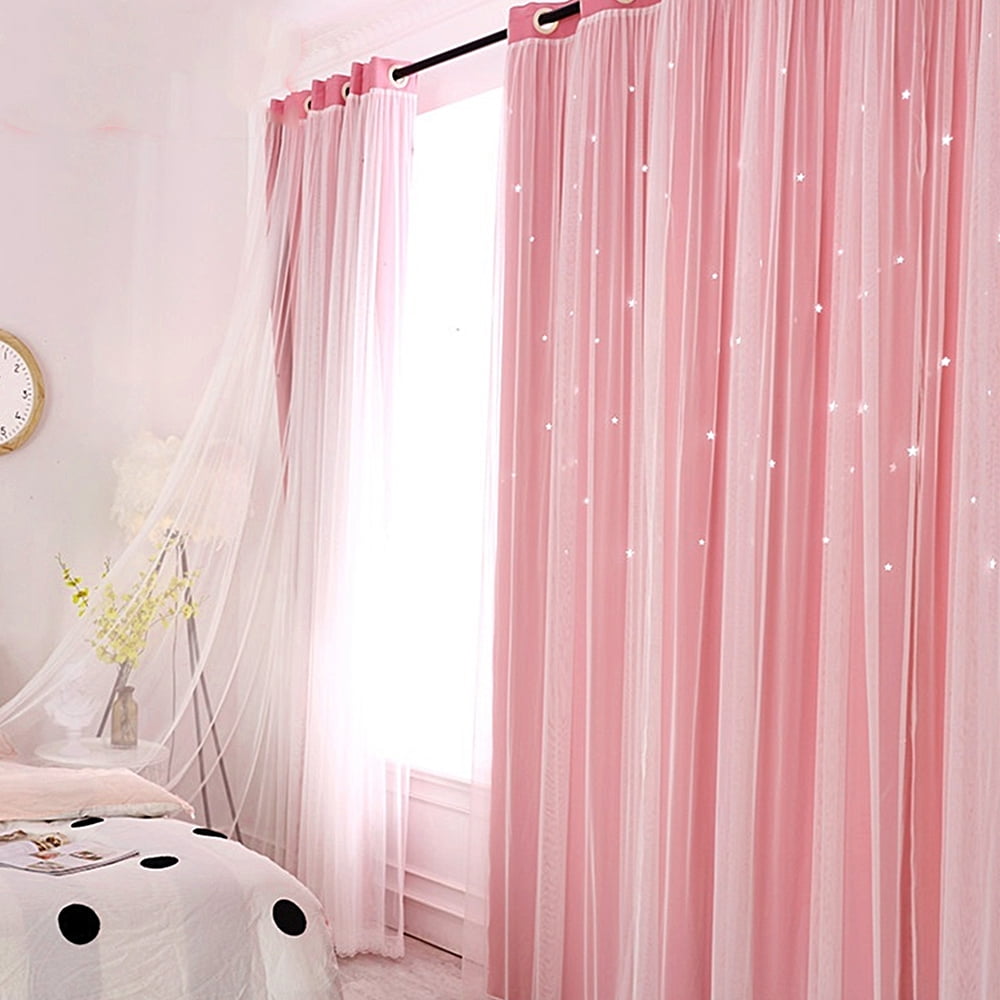 JTWEB 2PCS Blackout Curtains Grommets Princess Star Hollowed Window Curtains for Girls Kids Room Living Room, Bedroom, Window Decor Light Blocking Voile Pink 39“*63“