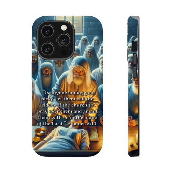 DistinctInk Tough Case for Apple iPhone 15 PRO (6.1" Screen), Compatible with MagSafe Charging - "Calling Upon the Church Elders for Divine Healing - James 5:14"