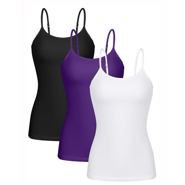 Beautyin Débardeurs Unis pour Femmes avec Soutien-Gorge Intégré Bretelles Spaghetti Réglables Débardeur en Coton 3 Packs
