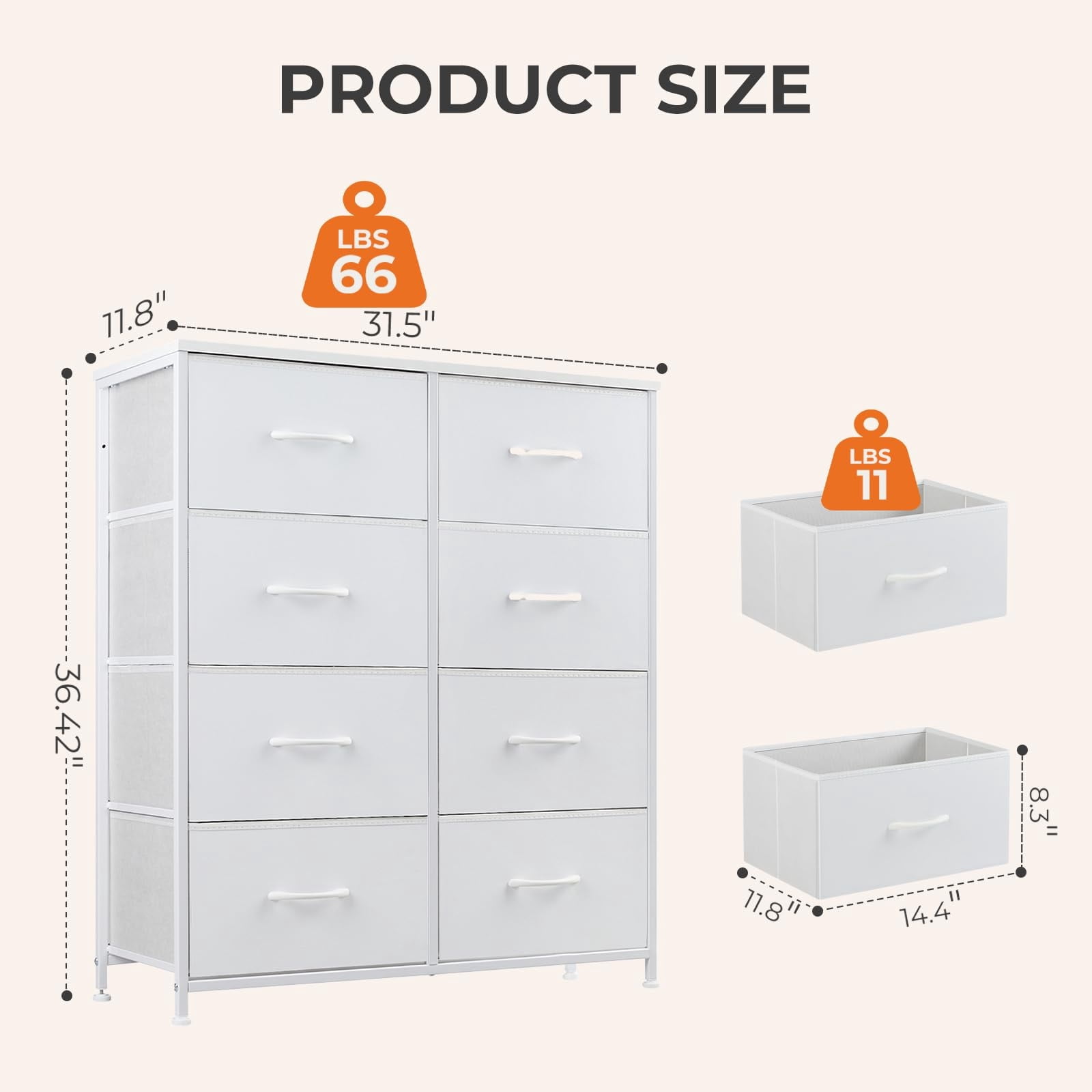Telyra 8-Drawer Fabric Dresser Tall Storage Tower with Wood Top and Steel Frame Bedroom Closet Organizer, White