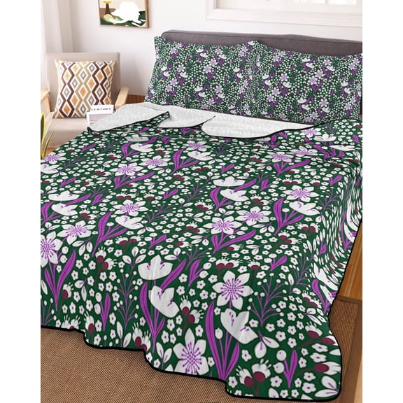 Purple Green Flowers King Size Down Alternative Comforter, Lightweight Comforter Quilt Bedding Set with Pillow Shams Watercolor Pastoral Botanical All Seasons Bed Comforter Duvet Insert 96"x106"