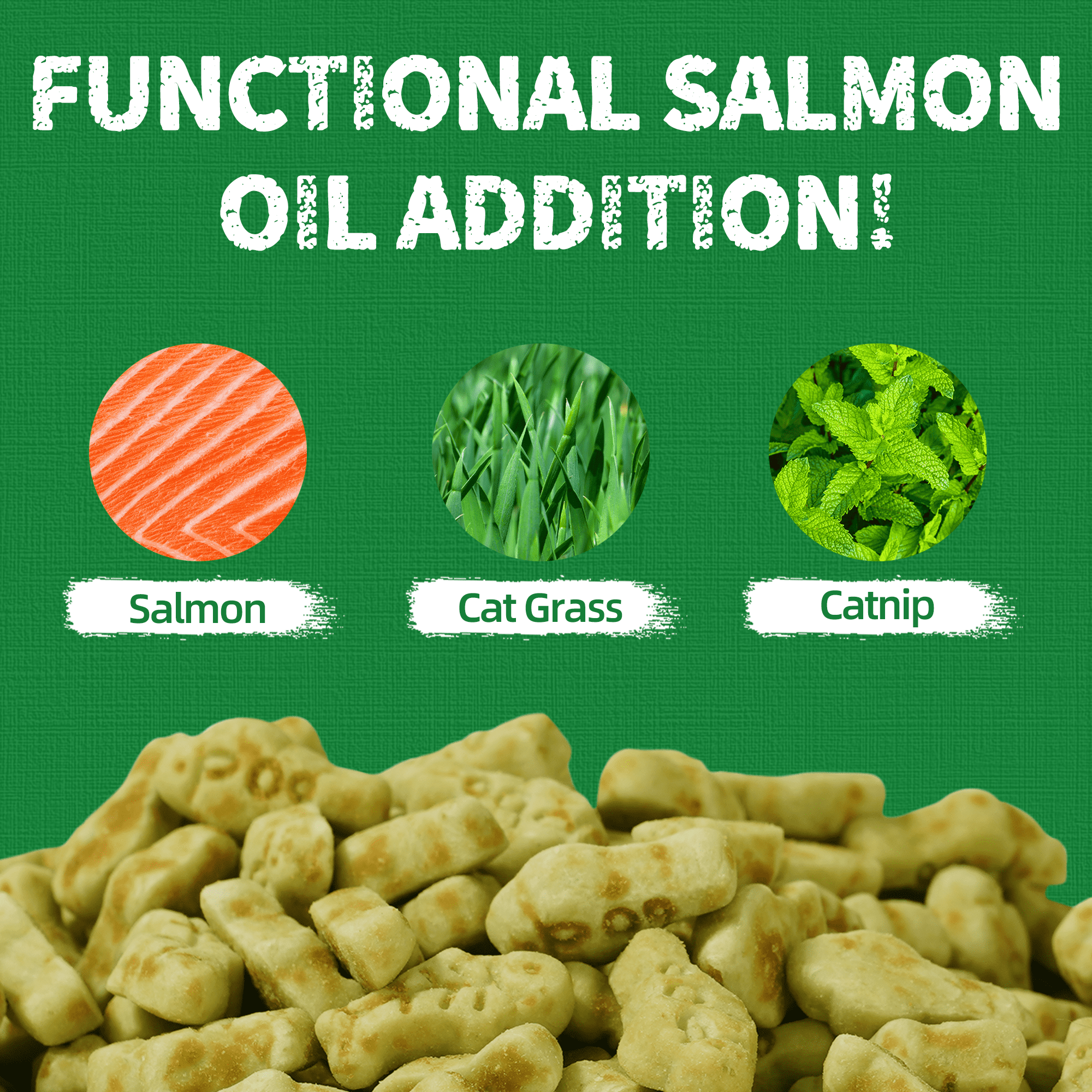 Just Try Cat Grass Treats, Natural Salmon Flavor, Healthy Cat Training Biscuits, Catnip, for Dental and Hairball Control, 13.4 oz