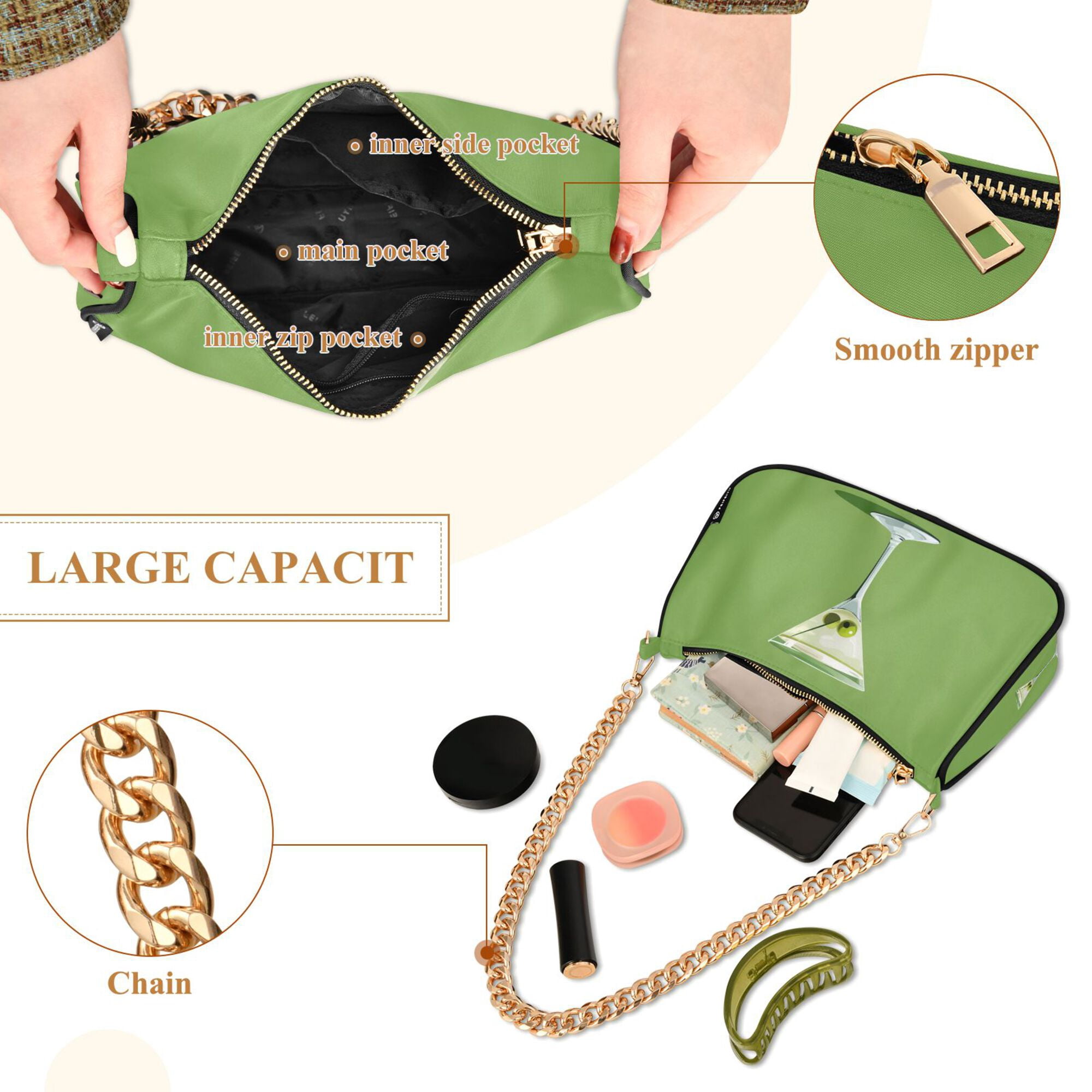 FORMRS Womens Shoulder Bag with Chain Strap Clutch Purse Cute Tote Handbag, Green Martini Glass