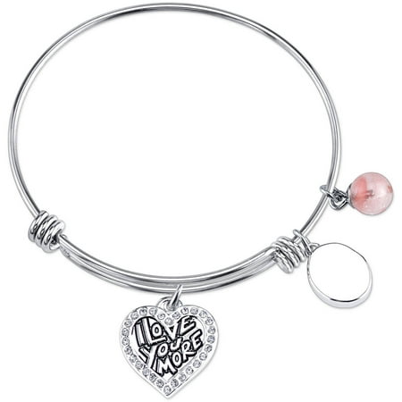 Little Luxuries 8mm Cherry Quartz and Crystal Stainless Steel "I Love You More" Heart Bead Bangle Bracelet, 8"