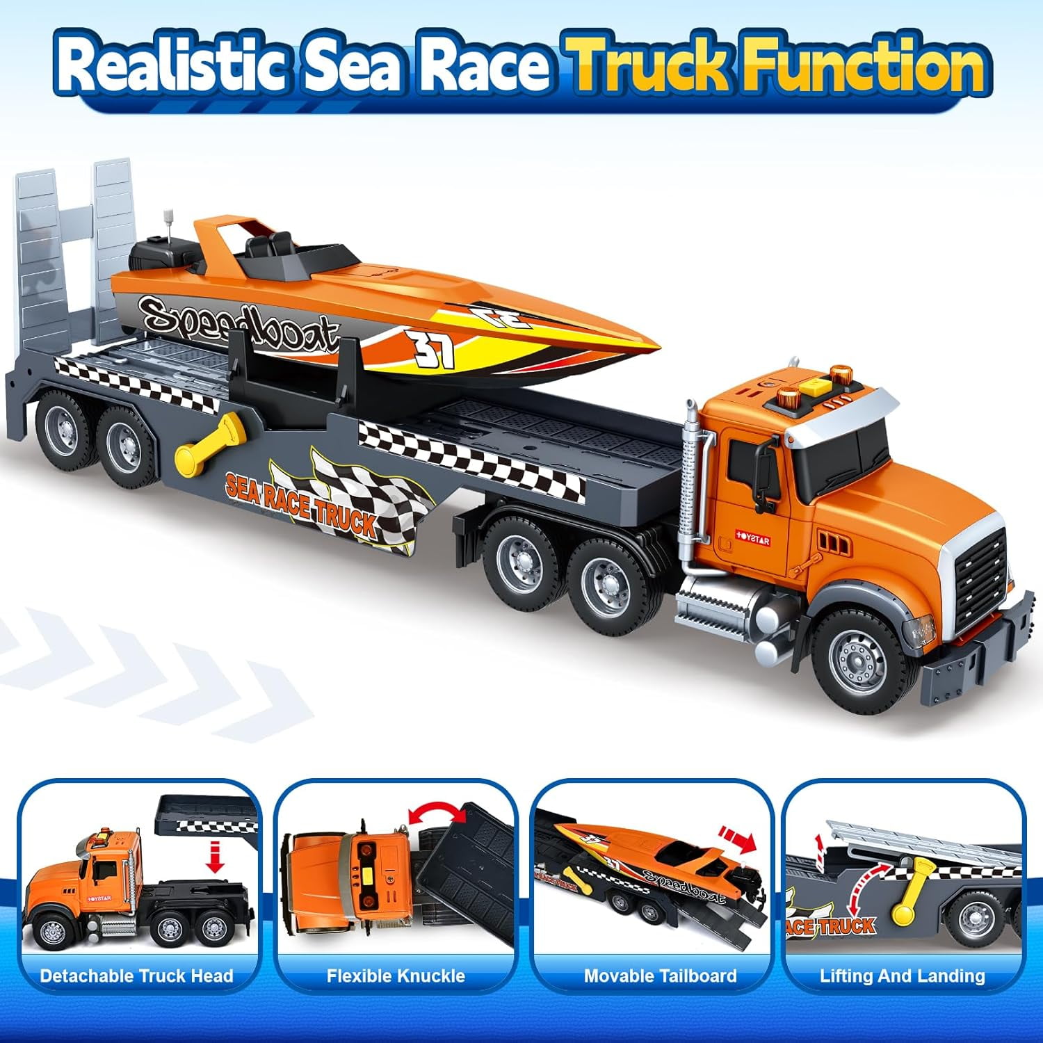 3-in-1 Large Flatbed Truck Toy with a Sea Race Truck, Friction Powered Vehicles Toys with Lights and Sounds, Gift for 3+ Year Old Kids Boys Girls
