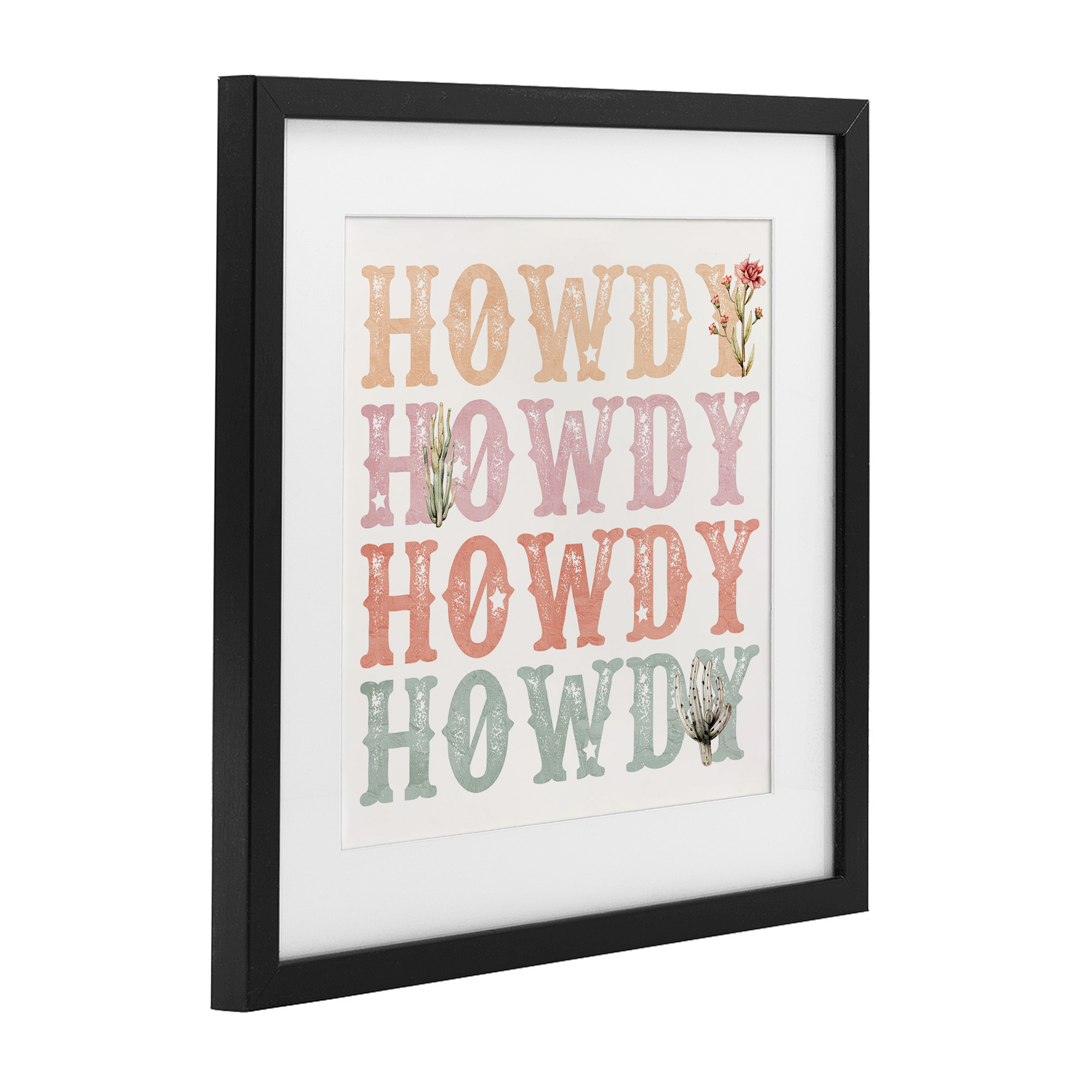 Vintage Howdy Rainbow Text Black Framed Print Under Glass, design by Kim Allen
