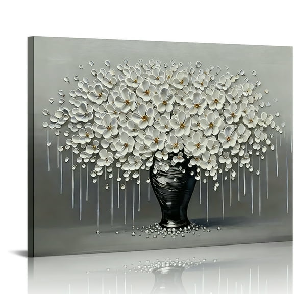 Hidden Frame Canvas Wall Art - Luxury 3D White Flower Bouquet in Black Vase High-End Popular Wall Decor for Living Room & Entryway 16x12in