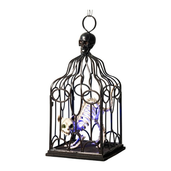 Sarkoyar Halloween Hanging Cage Glowing Cat Skeleton in Cage Realistic Spooky Cage Pendant with LED Light Hanging Decor for Haunted House Halloween Decorations