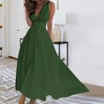 thumbnail image 2 of Timoontee Women's Plus Size A-Line Long Dress Trendy Elegant Vintage Solid Sundress V-Neck Beachdress Waist Ruched Flowy Skater Dresses Daily Summer Slim Sleevelsss Dress Fashion Green XXXL, 2 of 5