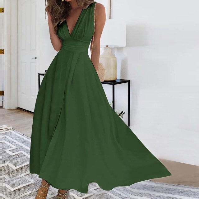 Gspmoly Robe pour Femmes, Robe Sans Manches de Printemps/été pour Femmes à Col en V Coloré, Robe à Poitrine Enveloppée, Longue Robe, Robes d'Été pour Femmes, Cadeaux de Vacances