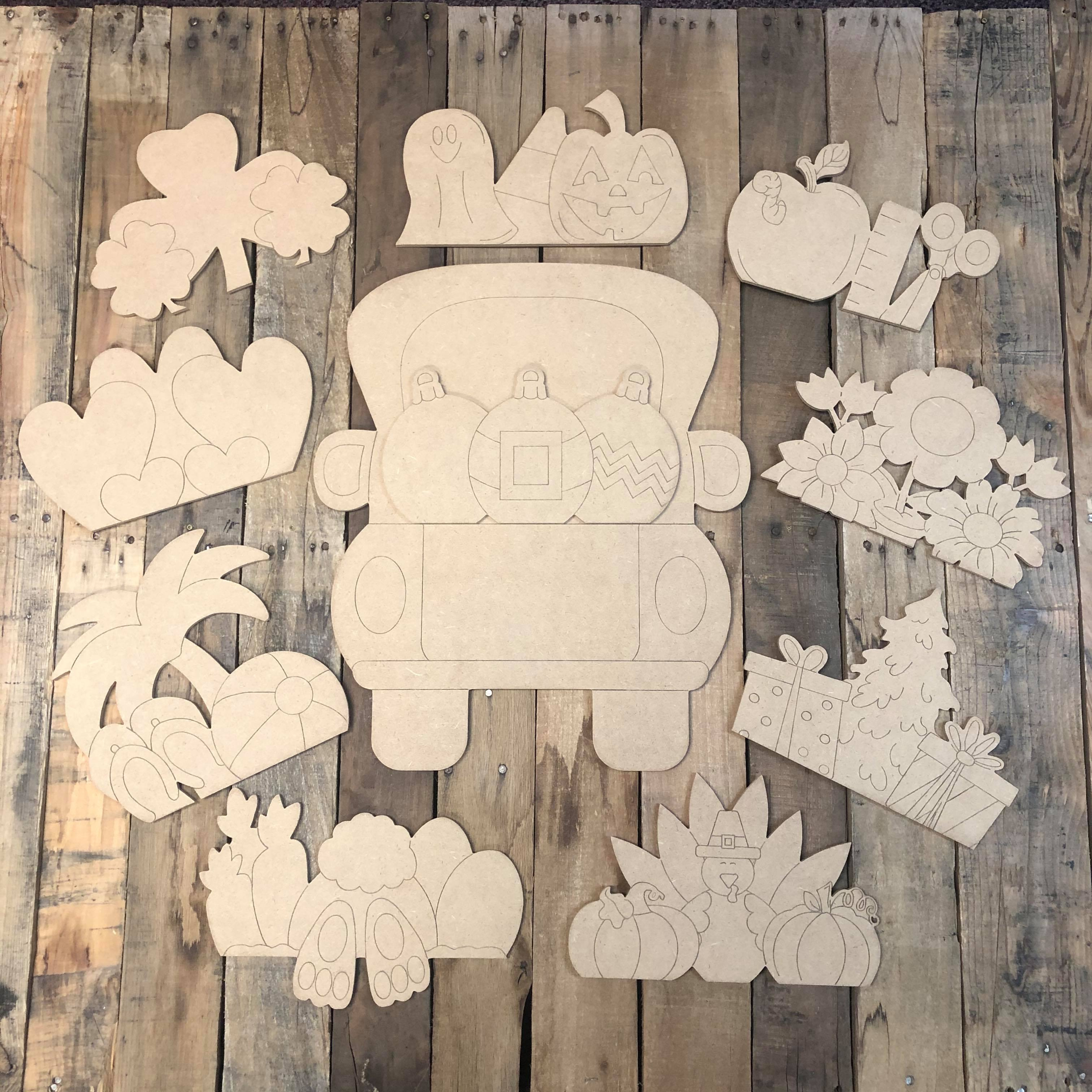 Seasonal Truck 18'' Set Wood Cutout, Unfinished Shape, Paint by Line