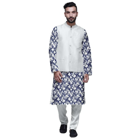 

Atasi Printed Kurta With Solid Pajama & Nehru Jacket Set For Mens Party Wear