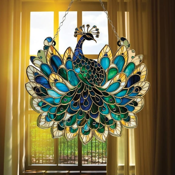 Vibrant Peacock Suncatcher with Fan Tail and Gold Trim, Acrylic Garden Bird Window Decor Gift for Wildlife or Elegant Home Style