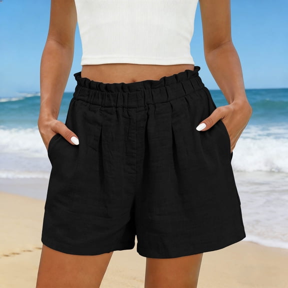 Womens Casual Shorts High Waisted Lightweight Shorts Pleated Front Elastic Waist Summer Beachwear Shorts with Side Pockets