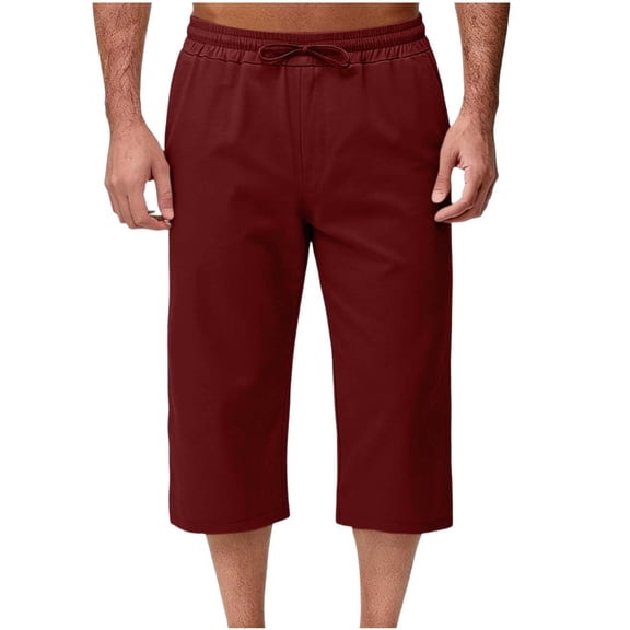 Dagugfen Summer Capris for Men Straight Leg Drawstring Elastic Waist Capri Pants Below Knee Casual Daily Wear Pants with Pockets