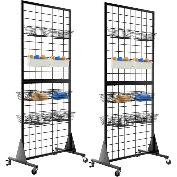 2-Pack Gridwall Panel Display Stand, 2'x5.5' Heavy Duty Floor Standing Rack with Detachable Girdwall, Movable Silent Wheel, Easy to Transport, Ideal for Retail & Craft Fairs