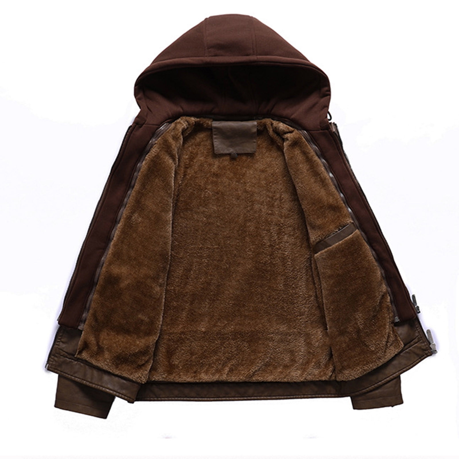 Xdegoge Thick Leather Jacket for Men Casual Keep Warm Jackets Full Zip Drawstring Hooded Coat with Pockets Classic Solid Color Coats Removeable Hood Outerwear Fall Winter Fashion Thermal Clothing