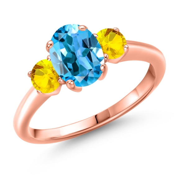Gem Stone King 2.22 Ct Oval Swiss Blue Topaz Yellow Sapphire 18K Rose Gold Plated Silver Ring (Size 6)