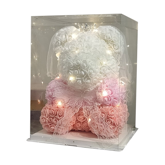 Osito de peluche con rosa roja y luces | Osito de flores artificiales de 25 cm en caja de regalo transparente | Regalo romántico para San Valentín