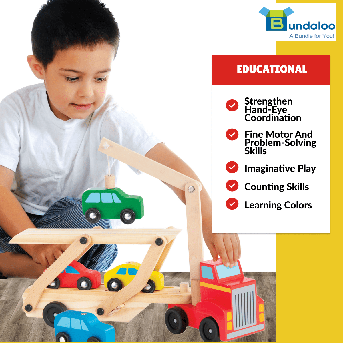 Bundaloo Magnetic Car Loader Truck with Lift - Wooden Carrier Vehicle Toy for Kids 3 and Up - Magnetic Crane and Cars, Removable Trailer - Educational Set for Learning Color, Imagination and Sorting