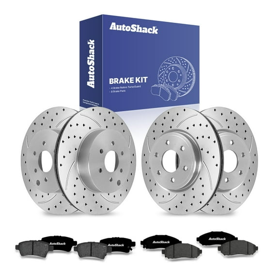 AutoShack Front & Rear Drilled & Slotted Brake Rotors Ceramic Brake Pads | Replacement for Suzuki Equator Nissan Xterra 2005-2024 Frontier 4WD RWD | Silver Matte Finish | 12-PC Brake Kit | TurboGuard