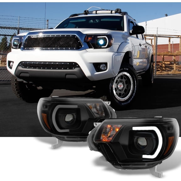AKKON - For [TRD PRO U-Bar] [Mono-Eye] 2012 2013 2014 15 Toyota Tacoma LED DRL Projector Black Smoke Headlights