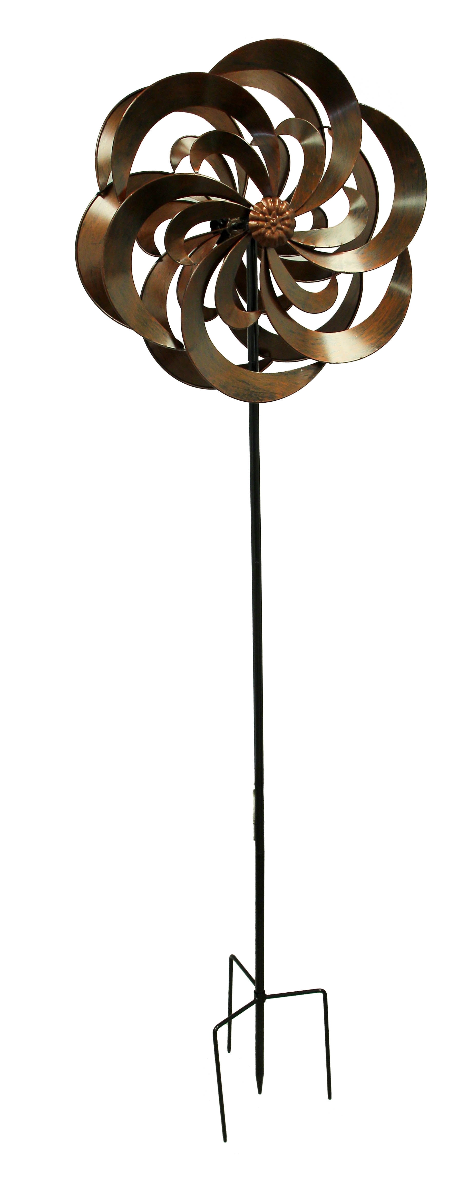 Bronze Finish Metal Art Dual Spinning Flower Wind Sculpture Garden