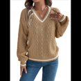 thumbnail image 3 of Suéter de Punto con Cuello en V y Larga para Mujer, Otoño 2025, Top Tipo Jersey, , Suave, Elegante y Casual. Caqui L, 3 of 10