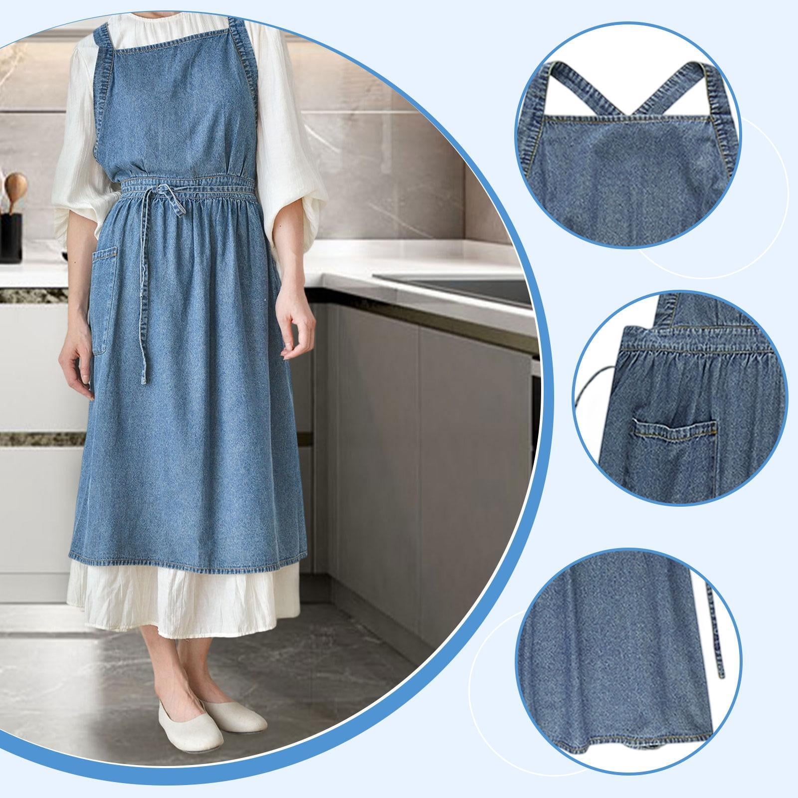 FVDPWYE Denim Apron with Pockets Comfortable Cross Back for Grilling Hairstylist Cooking