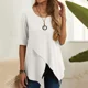 thumbnail image 4 of Jersey de lino y algodón Irregular para mujer, camiseta de media manga ajustada con cuello redondo, camisetas informales elegantes de verano, Color sólido, 4 of 5
