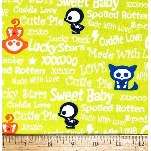 1 Fat Quarter - Skelanimals Halloween Animals on Green Cotton Fabric - Baby Penquin Monkey Dog Cat & Panda - 18" X 21"