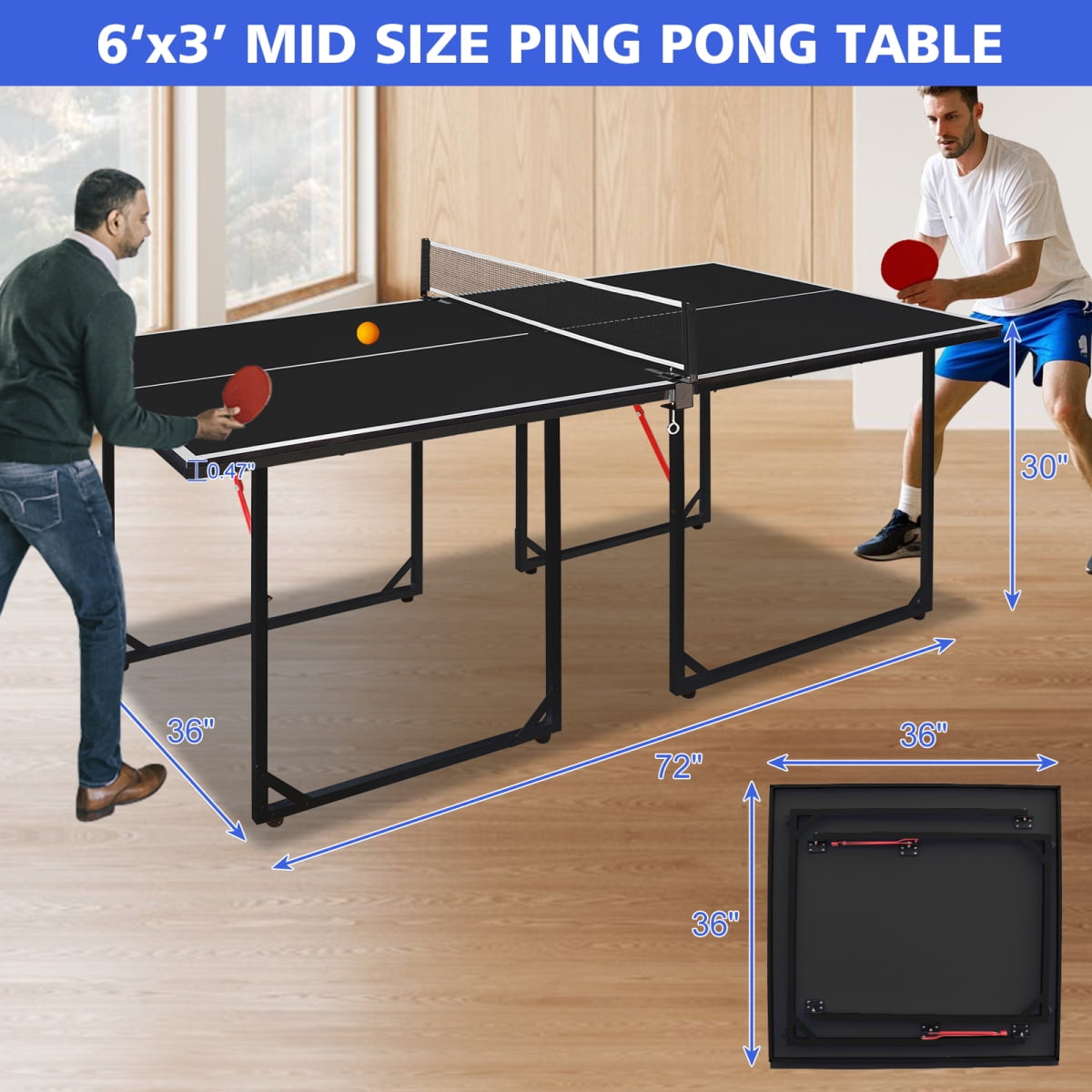 6ft Foldable Table Tennis Table Set with Net Paddles and Balls Black Tabletop Black Legs