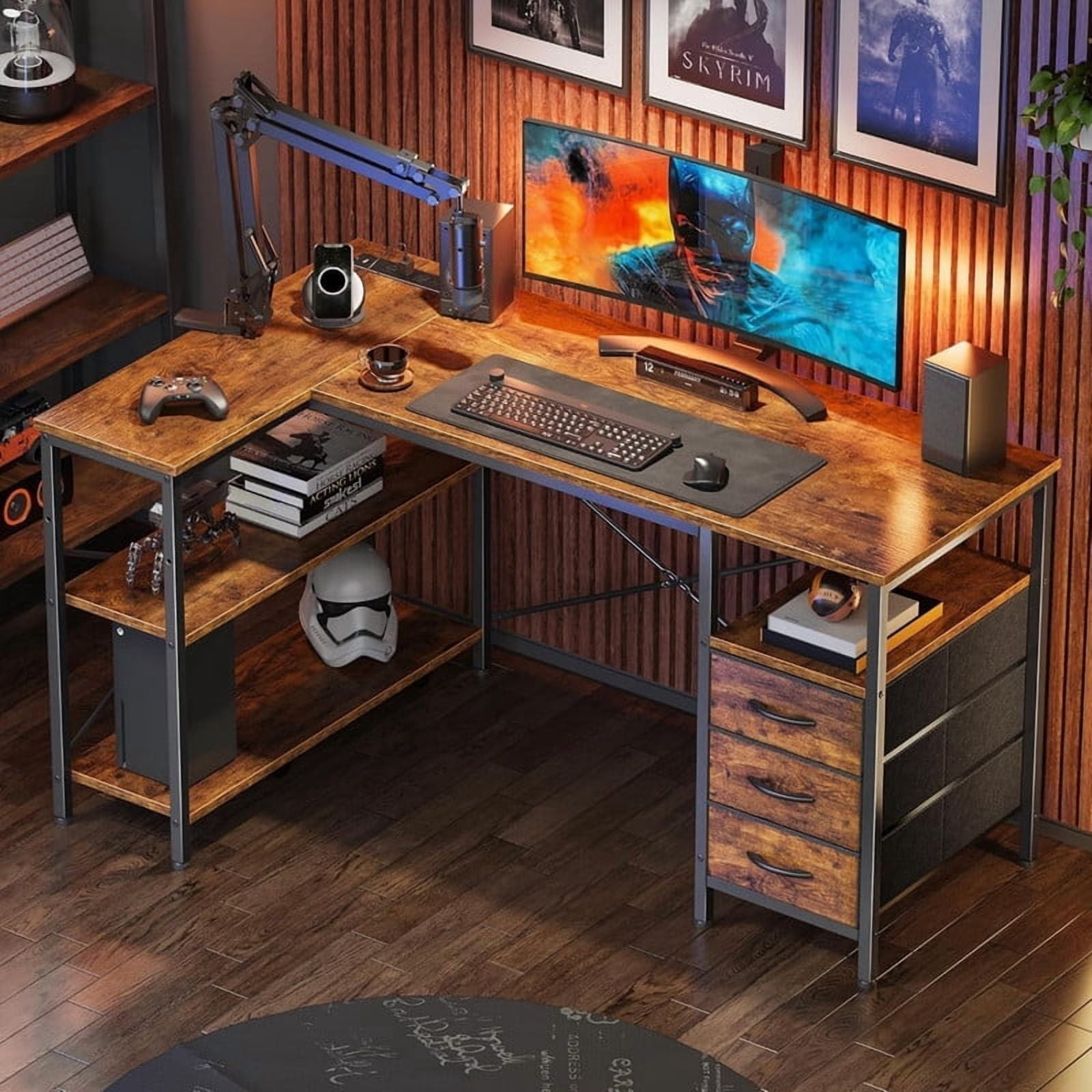 Kelno 47 Inch L Shaped Computer Desk with Power Outlets Adjustable Shelf 3 Fabric Drawer,Rustic Brown