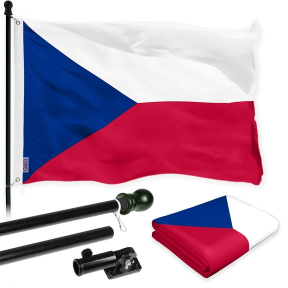 G128 Combo Pack: 6 Ft Tangle Free Spinning Flagpole (Black) & Czech Republic Flag 3x5 Ft Printed 150D Polyester, Brass Grommets (Flag Included) Aluminum Flag Pole