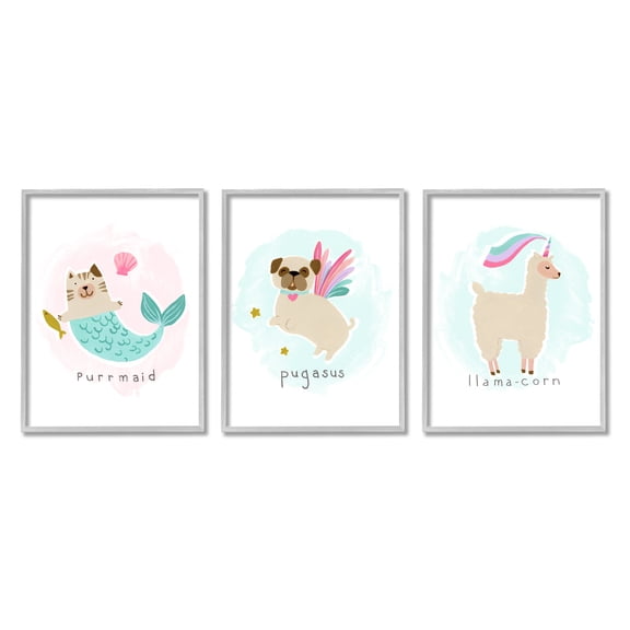 Stupell Industries Whimsical Mythical Animals Creatures Cute Cartoon Style Graphic Art Gray Framed Art Print Wall Art, Set of 3, Design by June Erica Vess