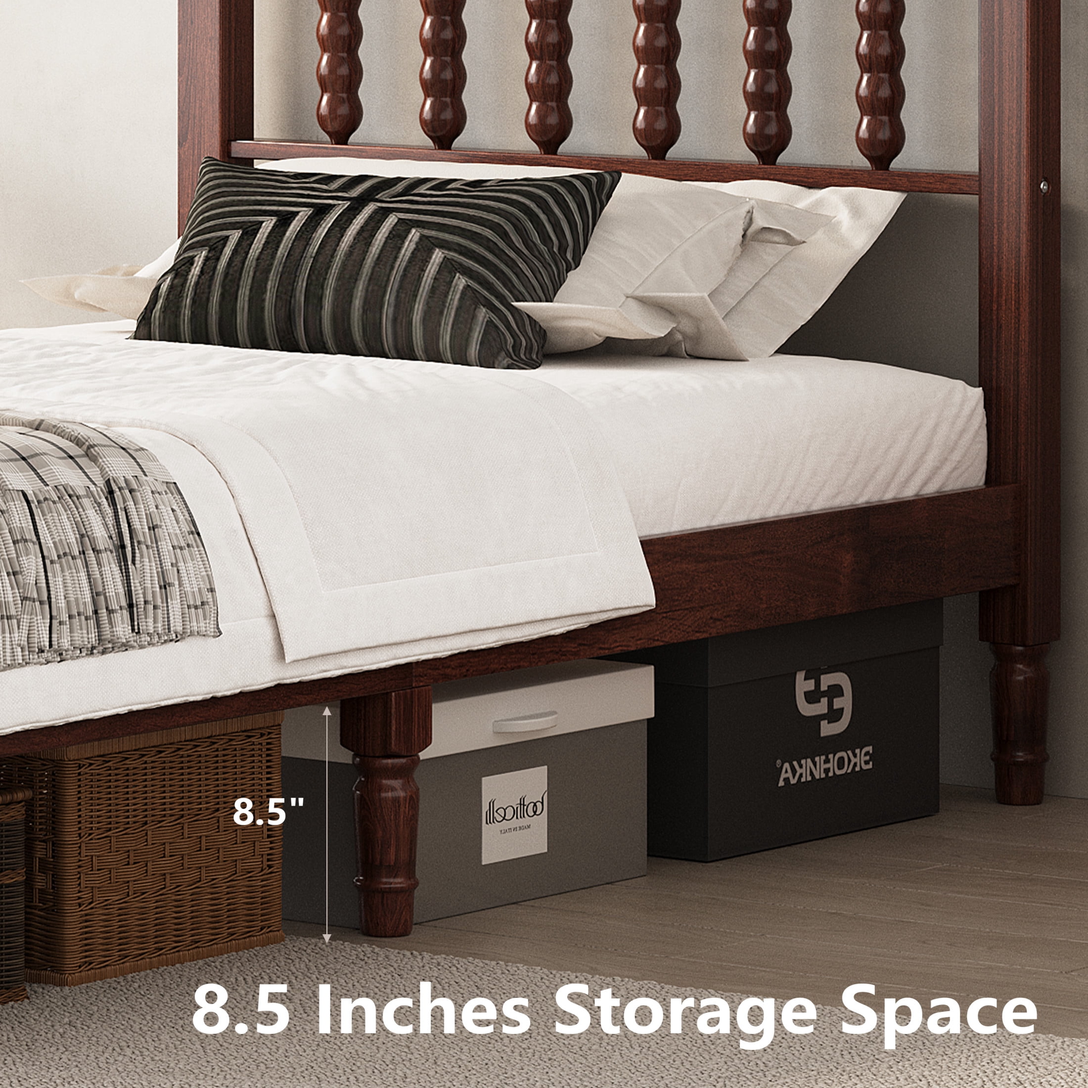 Noble House Twin Size Platform Bed with Gourd Shaped Headboard, Wooden Slat Support, Walnut