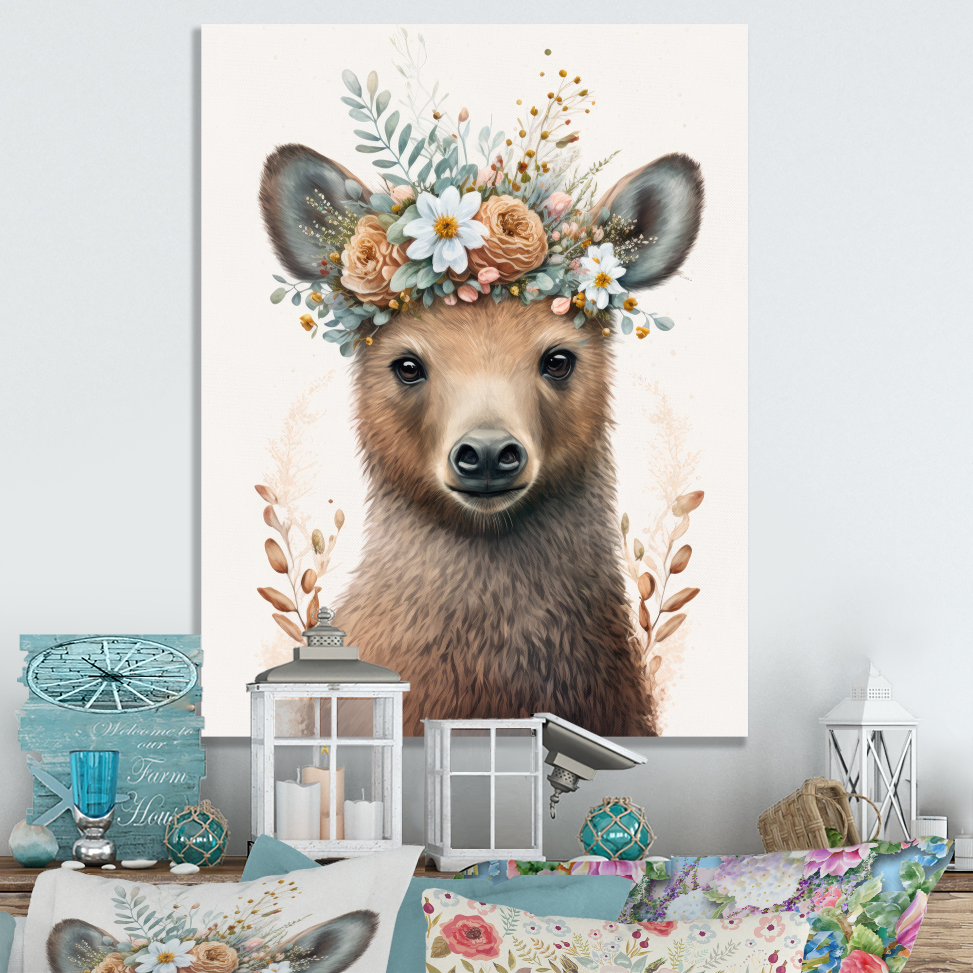 Designart Cute Baby Bear With Floral Crown V Canvas Wall Art
