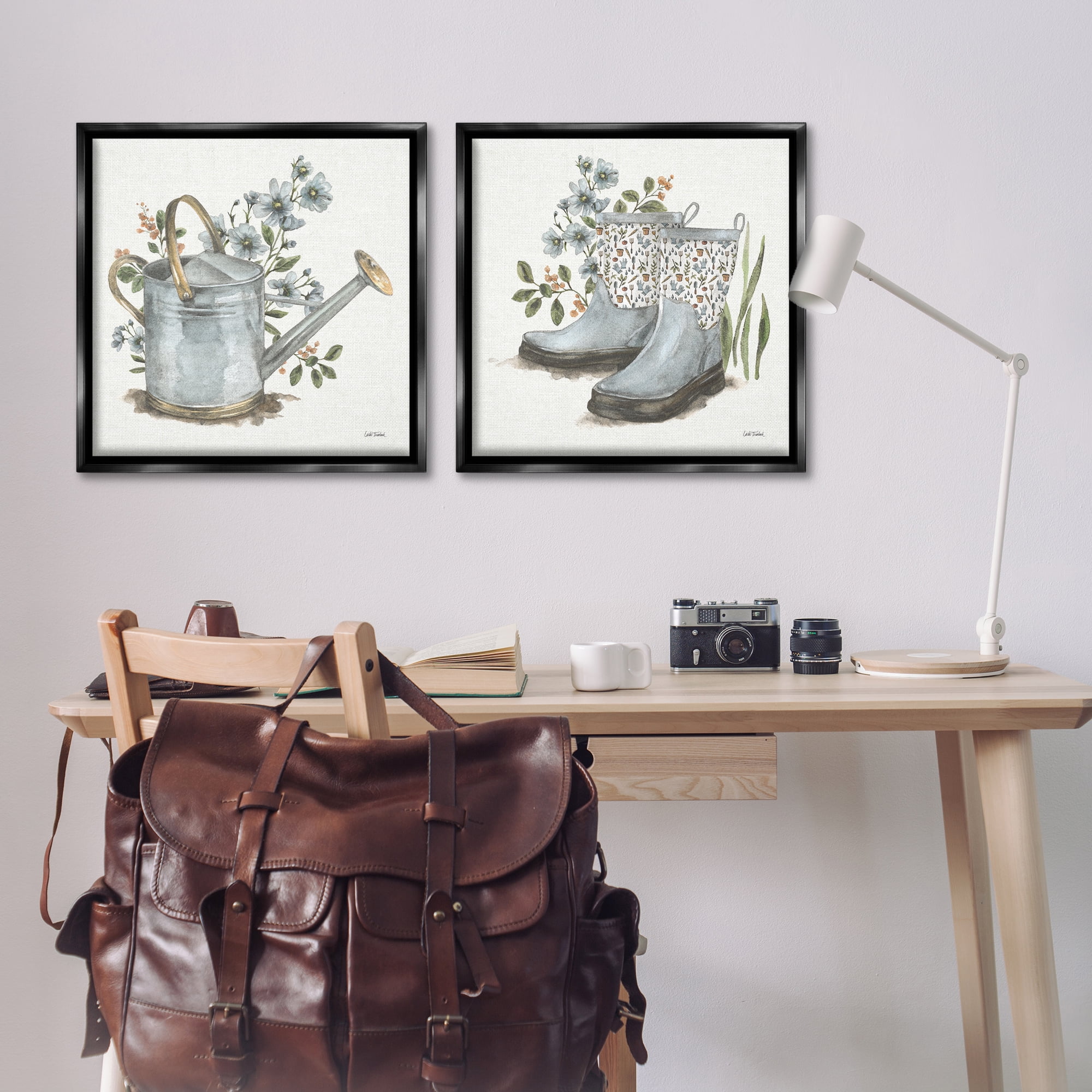 Stupell Industries Floral Watering Can Gardening Boots Plants & Flowers Painting Black Floater Framed Canvas Art Print Wall Art, 25 x 25, Set of 2