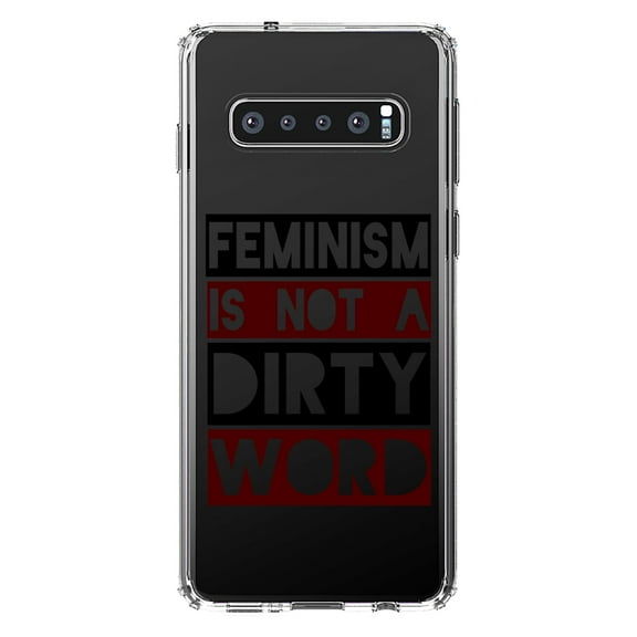 DistinctInk Clear Shockproof Hybrid Case for Samsung Galaxy S10  PLUS (6.4" Screen) - TPU Bumper Acrylic Back Tempered Glass Screen Protector - Feminism is NOT A Dirty Word