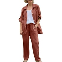 Caywon Women Solid Color Casual Loose Linen Shirt and Pants Set Breathable Summer Comfortable Matching Outfit Orange2# XL