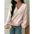 thumbnail image 3 of Women'S Loose V-Neck Long Sleeve Soft Ribbed Knit Pullover Top Solid Color Comfortable Casual Sweater White S, 3 of 5