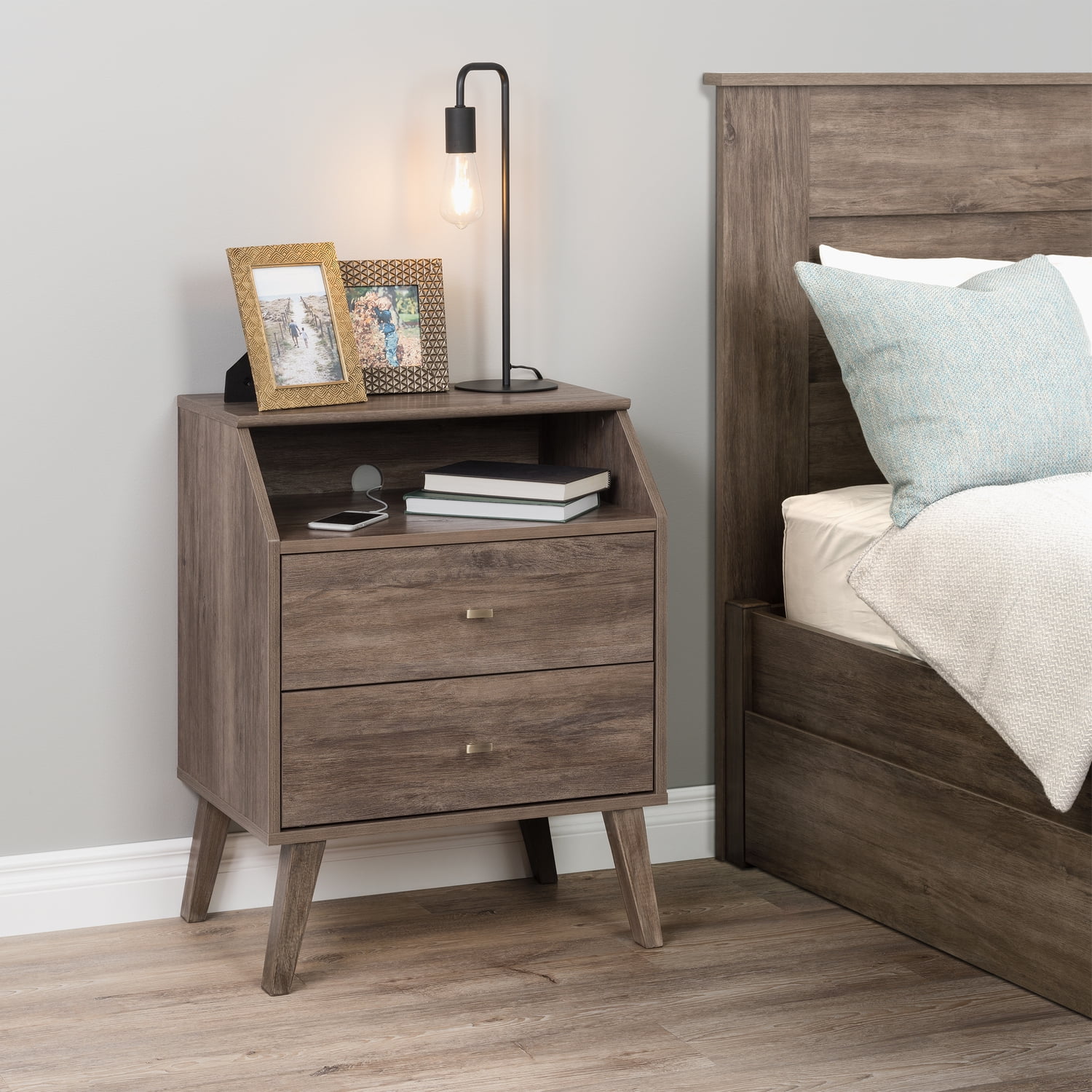 Prepac Milo Mid Century Modern 2Drawer Bedroom Nightstand, Drifted