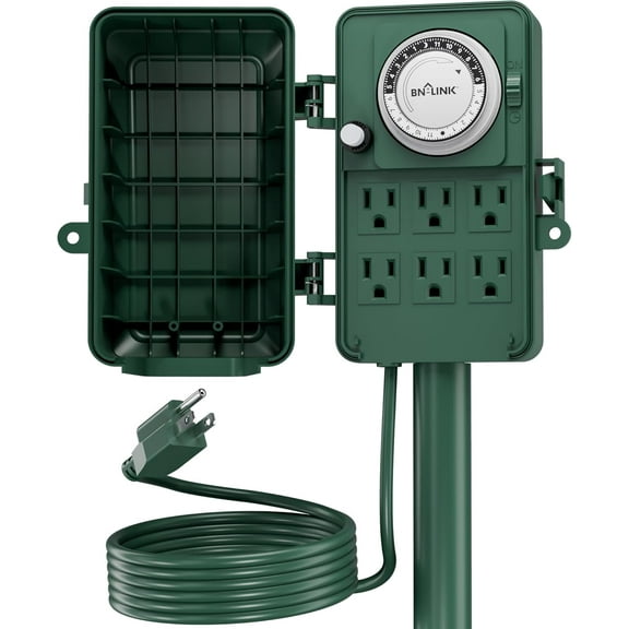 BN-LINK 24 Hour Mechanical Outdoor Multi Socket Timer, 6 Outlet Garden Power Stake with 6ft Cords, Outdoor Timers for Lights, ETL listed, 125V, 15A/1875W