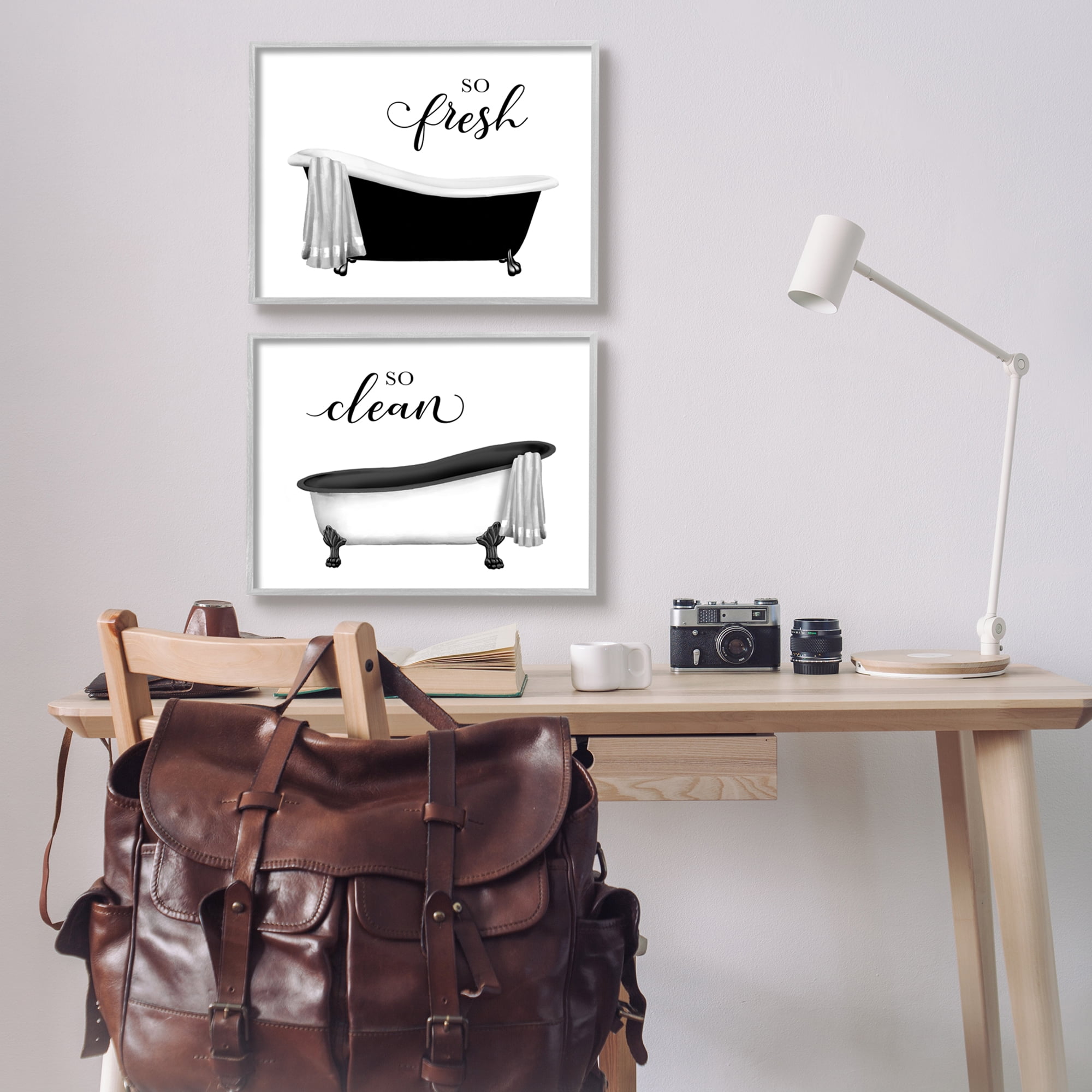 Stupell Industries So Fresh & Clean Bathtubs Typography Painting Gray Framed Art Print Wall Art, Set of 2
