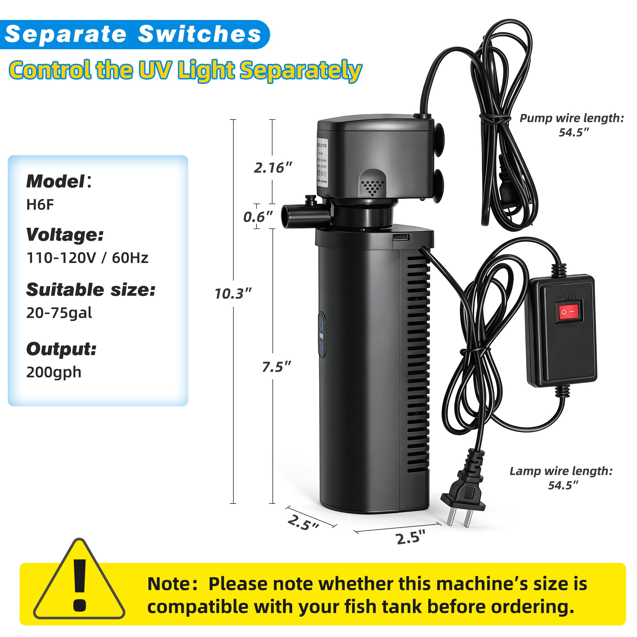 200GPH Aquarium U-V Filter for 20-75 Gallon,  Aquarium Filters with 5W U/V Light Green Clean Machine, Internal Filter Powerful Pump Filter for Fish Tank Saltwater Freshwater Crystal Clear