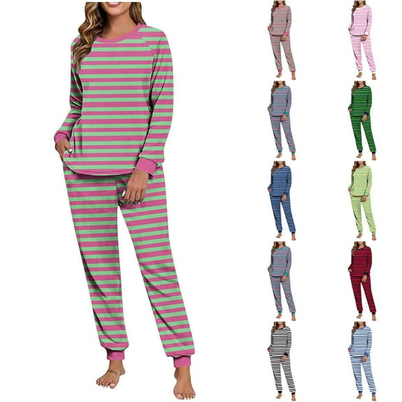 hoksml Women's 2-Side Fleece Loungewear Set Stripes Long Sleeve Top and Jogger Pants Pajamas Set Round Neck Pullover Winter Sleepwear Home Outfit