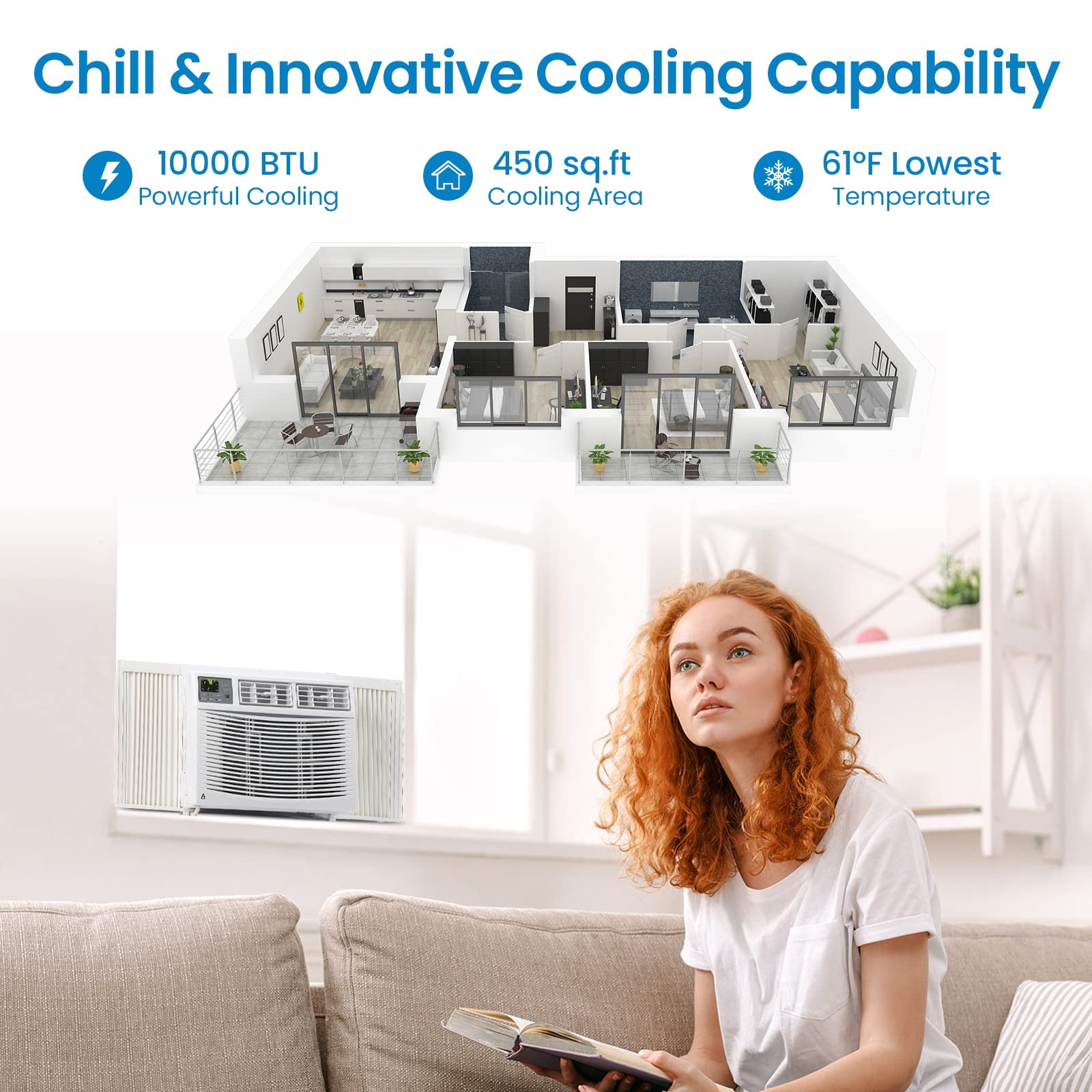 2024 Summer New Smart Window Air Conditioner, 10000 BTU Air Conditioner Window Unit Remote/App Control and Dehumidify Function, Quiet Operation, Energy Savings, Cools 450 Sq.ft, 110-115V