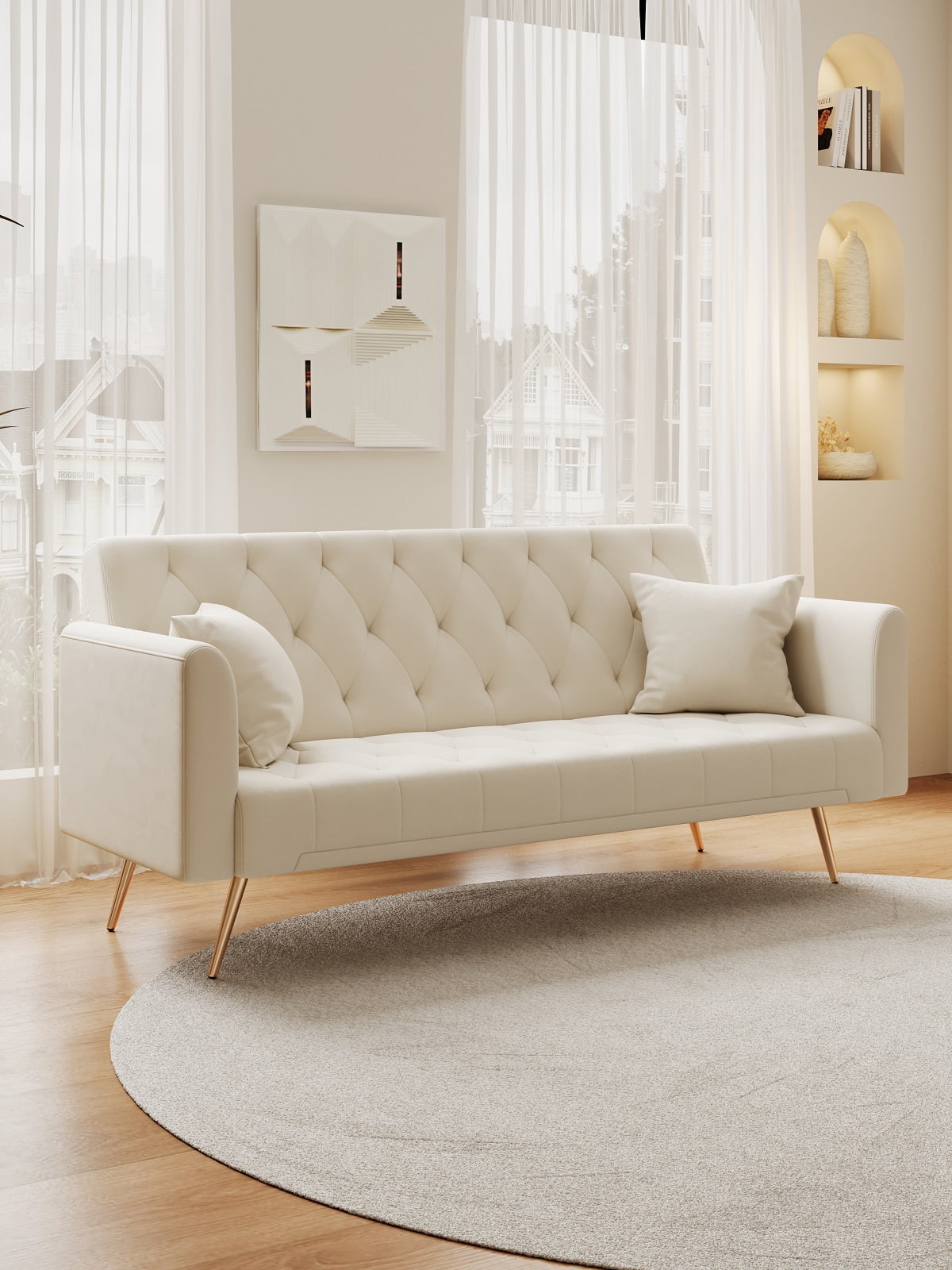 71" Convertible Loveseat Sofa, American Retro Beige Velvet, Ideal for Small Living Rooms, Bedrooms and Offices